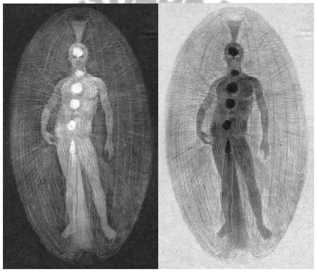 Duas imagens de uma figura humana envolta pela aura ovóide, com os chacras visíveis ao longo do corpo.