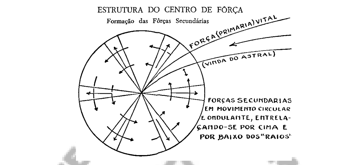 A formação das forças secundárias, em movimento circular e ondulante, entrelaçando-se por cima e por baixo dos “raios”.