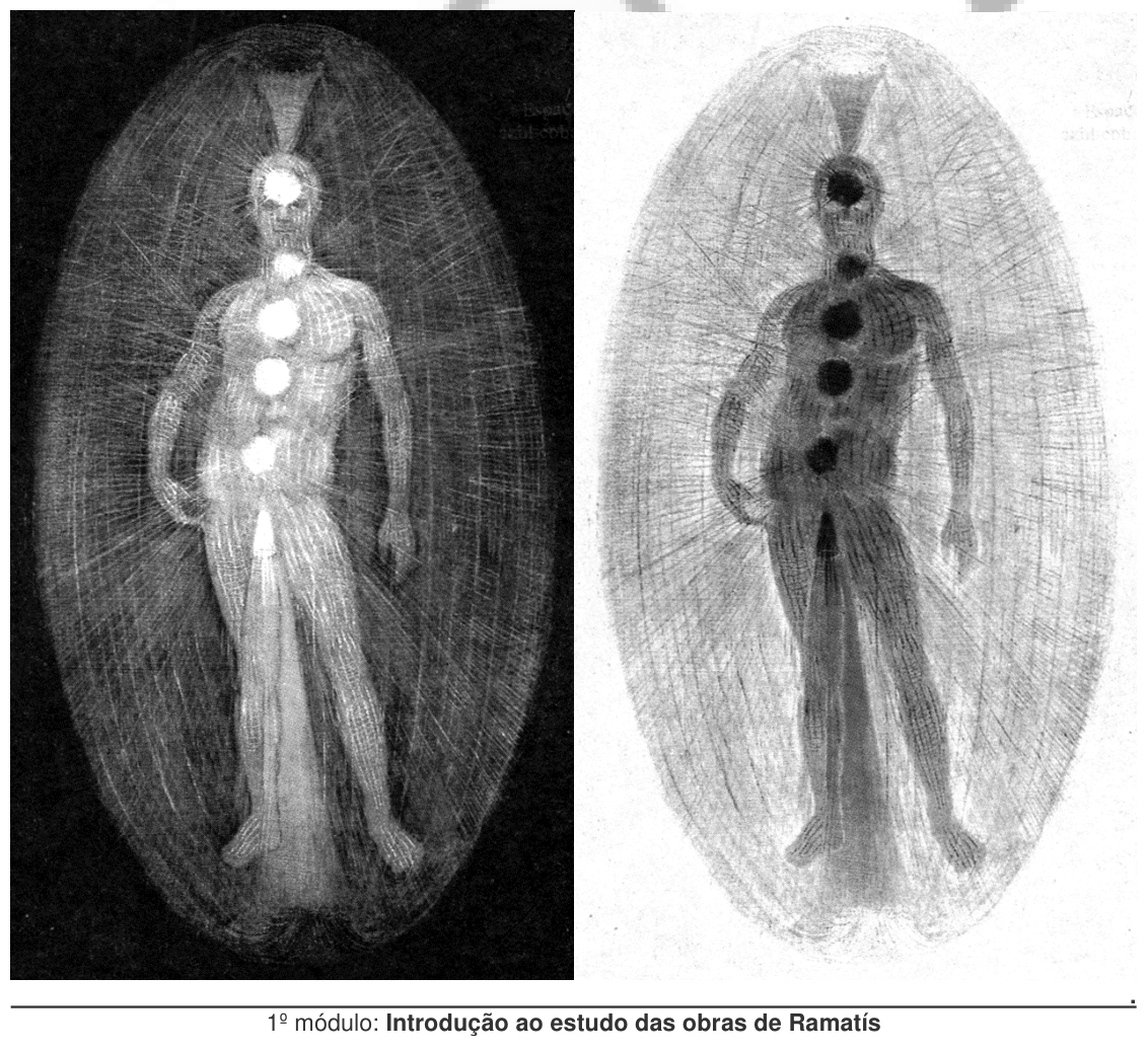 Duas representações lado a lado do ovóide áurico humano, uma com estrias de luz e outra com uma figura mais densa ao centro.