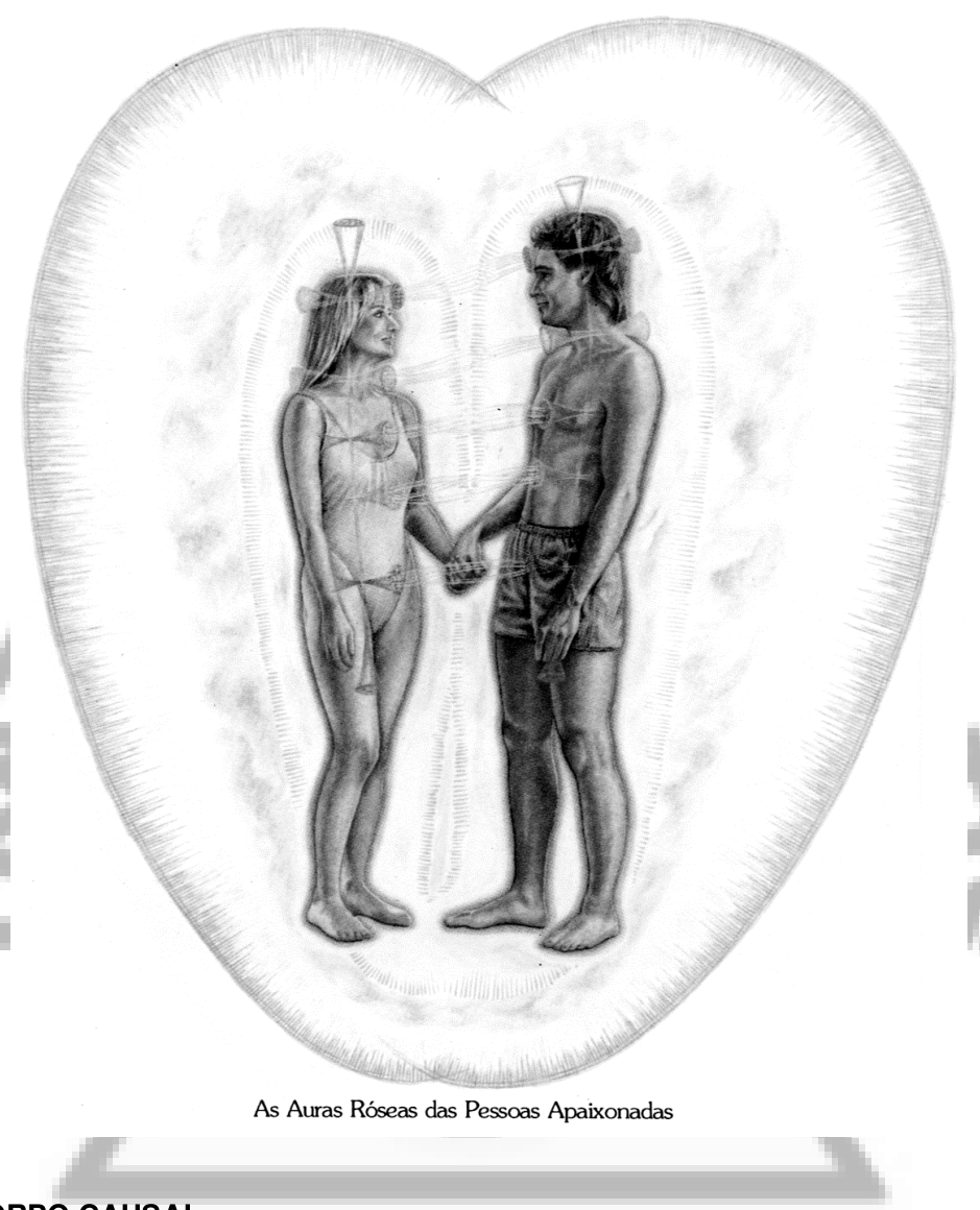 Casal em pé, mãos dadas, envolto por um único ovóide áurico luminoso em forma de coração.