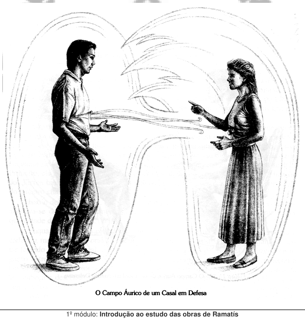 Casal — um homem e uma mulher — frente a frente, com um campo áurico comum que os envolve em gesto de defesa mútua.