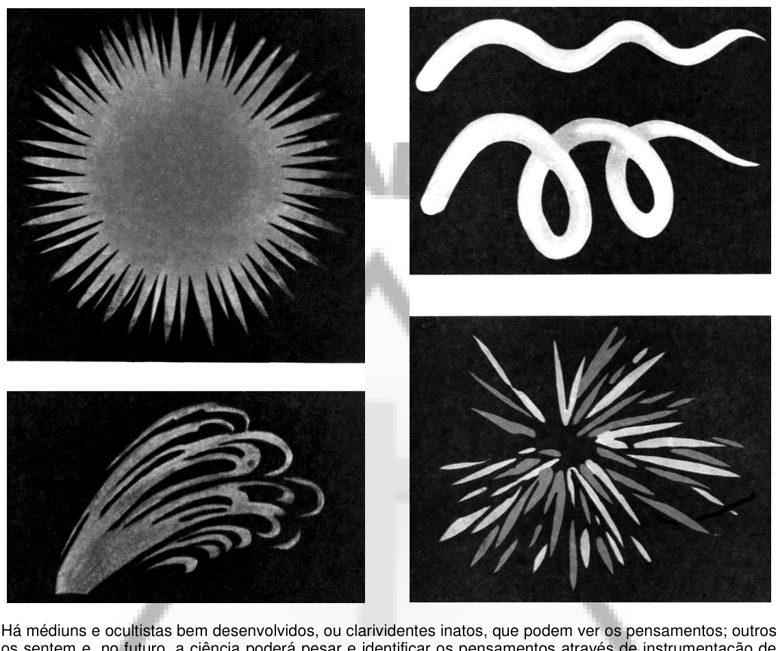 Diversas configurações de formas-pensamento: raios solares, espirais, chamas e fluxos ondulantes.
