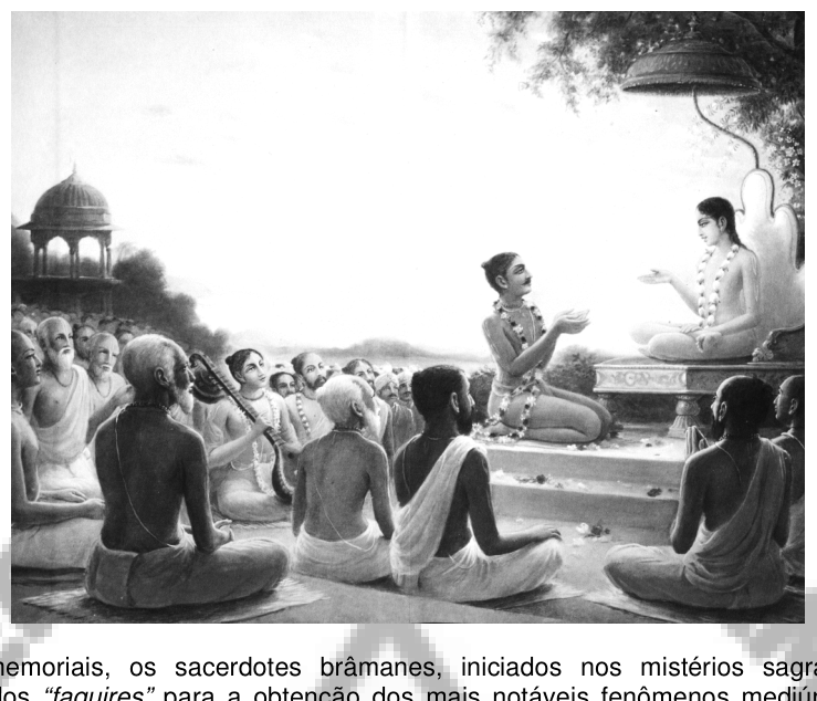 Cena indiana antiga: um brâmane sentado em trono ensina discípulos sentados no chão, com templo e paisagem ao fundo.
