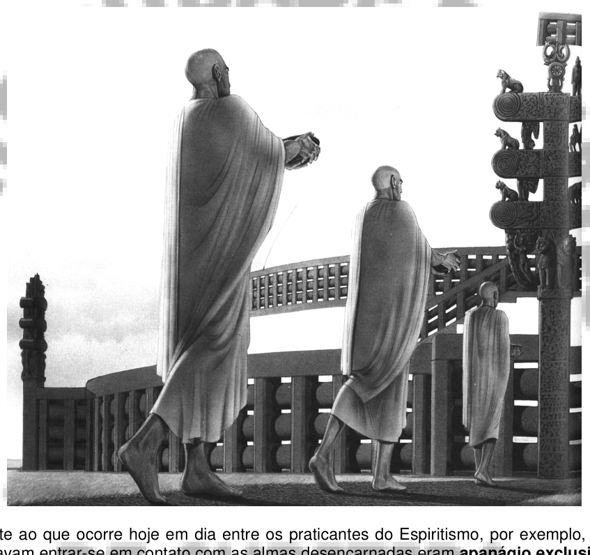 Duas figuras em vestes brancas sobre terraço elevado, com a cidade antiga ao fundo.