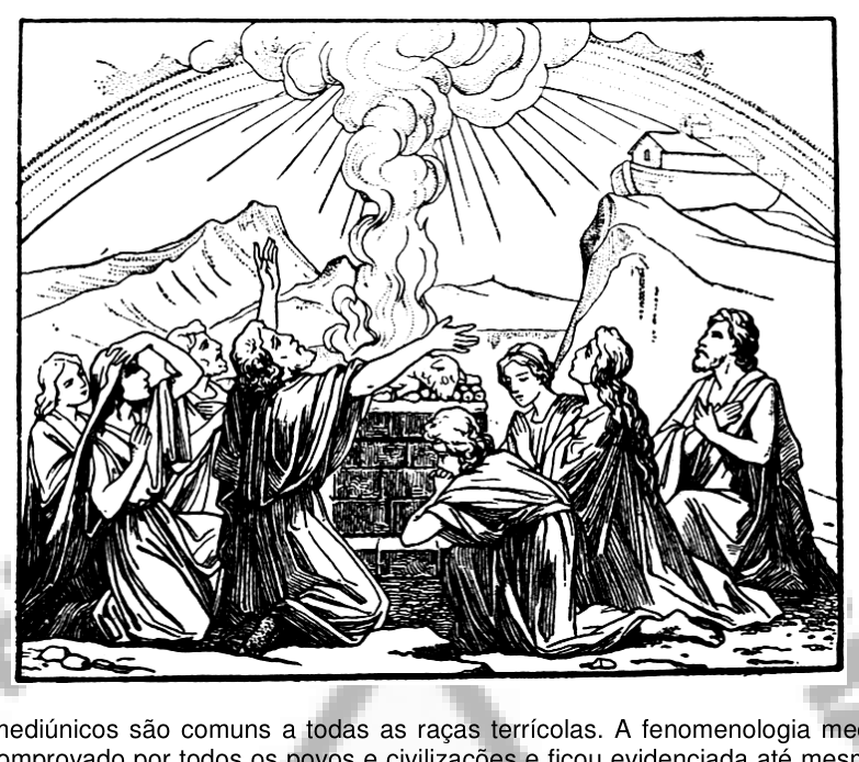 Cena mística: multidão ajoelhada diante de uma estrela brilhante no alto de uma montanha.