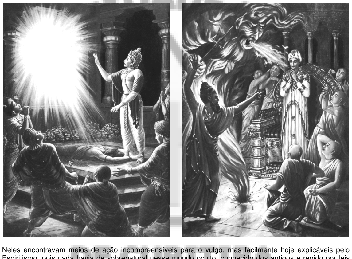 Cena iniciática antiga: figuras ajoelhadas diante de deusa luminosa e sacerdotisas portando tochas.