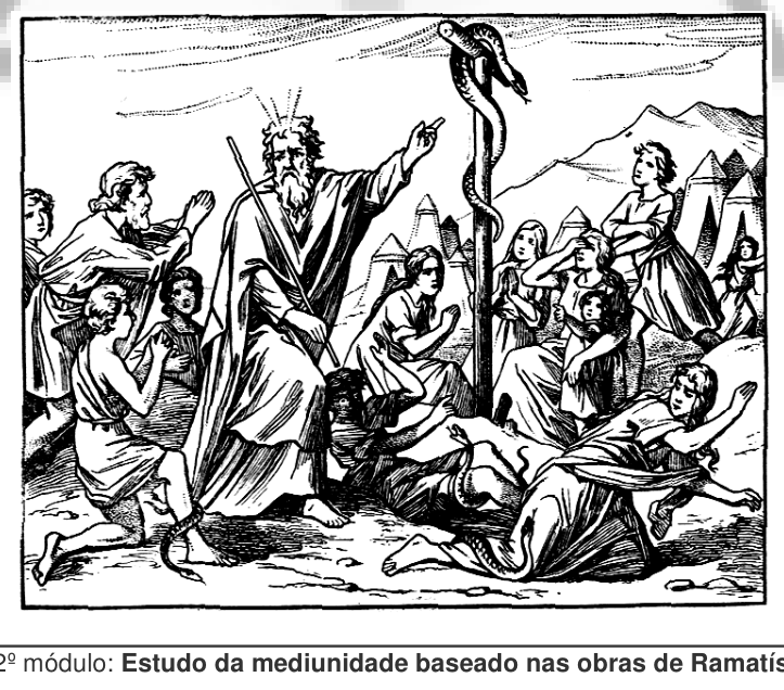 Moisés erguendo a serpente de bronze diante do povo hebreu no deserto.