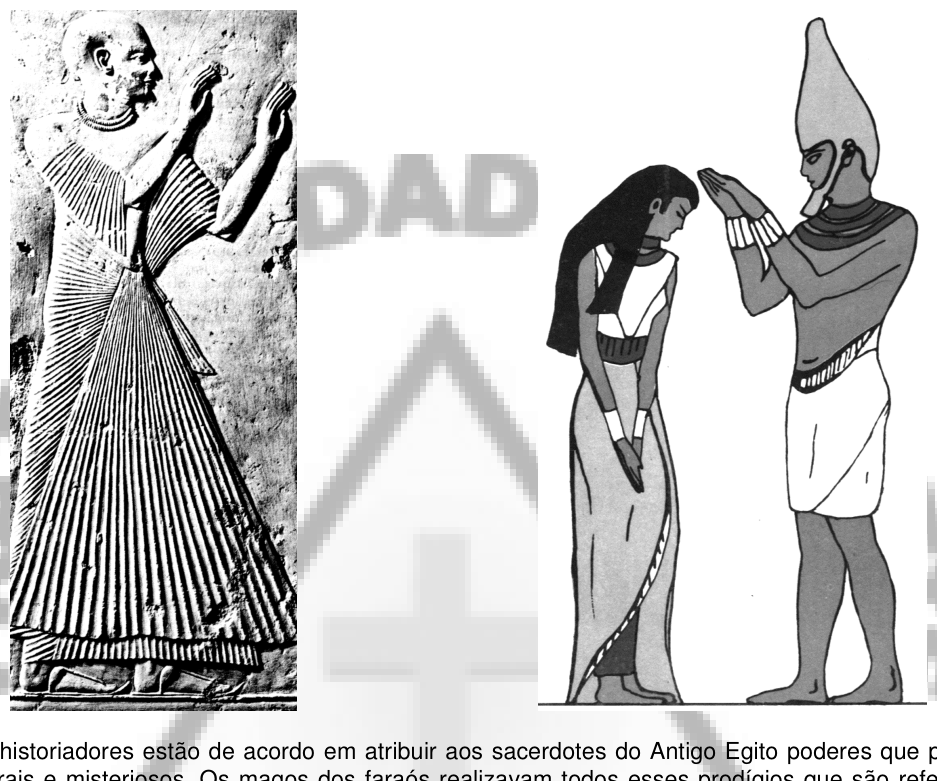 Figuras egípcias estilizadas: faraó com cajado e sacerdotisa em oração, com relevo de deus ao fundo.