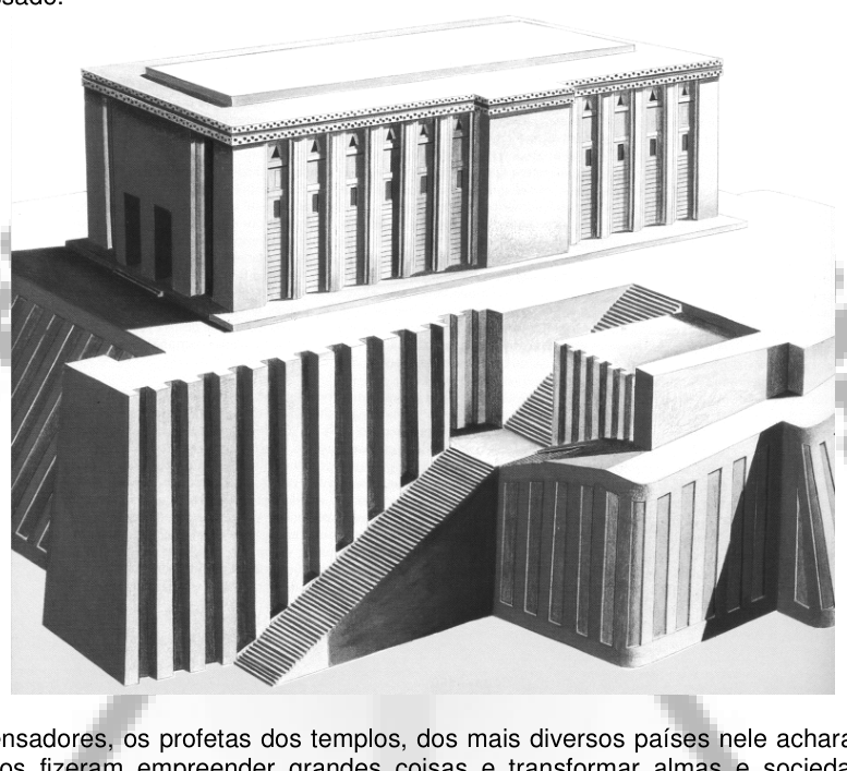 Reconstituição de um templo clássico com longa colunata e escadaria frontal.