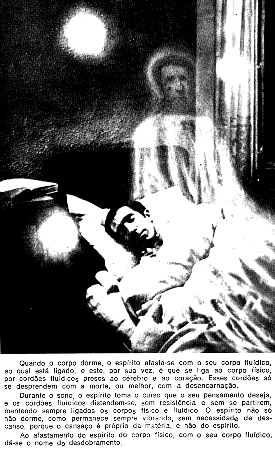 Representação artística do desdobramento durante o sono: o espírito afastado do corpo físico adormecido no leito, mantendo o cordão fluídico de ligação.