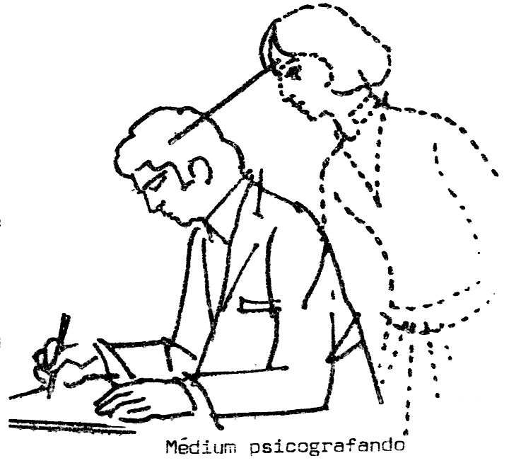Desenho de médium escrevendo à mesa com uma entidade espiritual inclinada sobre ele, inspirando-lhe mentalmente o conteúdo da escrita.