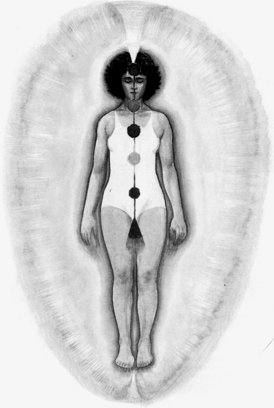 Fotografia Kirlian de uma mulher mostrando a aura energética que envolve o corpo humano em forma de halo luminoso.